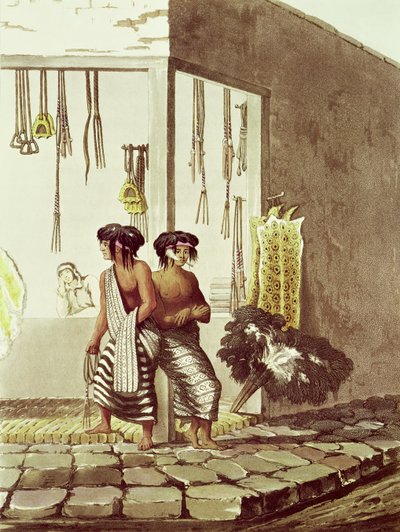 Indianie Pampa w sklepie na targu indyjskim w Buenos Aires, z „Picturesque Illustrations of Buenos Aires i Montevideo”, grawerowane przez J. Blucka (fl.1791-1819) 1820 autorstwa Emeric Essex Vidal