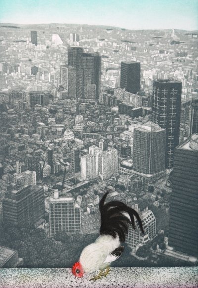 Kogut Jakucyu, 2009 (akwaforta) autorstwa Emiko Aida