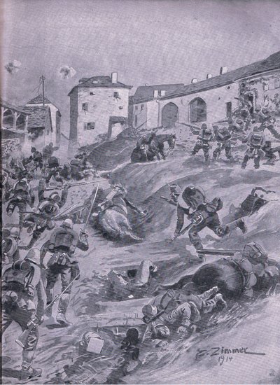 Aschaffenberg 2. Bawarski Batalion Myśliwych w Lagarde sierpień 1914, z Ilustrowanej Historii Wojny Światowej 1914-1915 wyd. przez Union Berlagsefellfchaft autorstwa Emil (after) Limmer