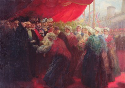 Bazennes ofiarowujący srebrną rybę Alix z Hesji-Darmstadt, cesarzowej Rosji, w Dunkierce w 1901 r. autorstwa Emil Benediktoff Hirschfeld