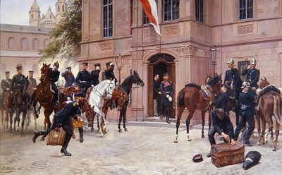 Książę koronny Ludwig IV Hesse-Darmstadt żegna się z Corneliusem Heylem przed Schlosschen, Wormacja, gdy wyrusza na bitwę pod Sedanem w 1870 r. (olej na płótnie) autorstwa Emil Huenten