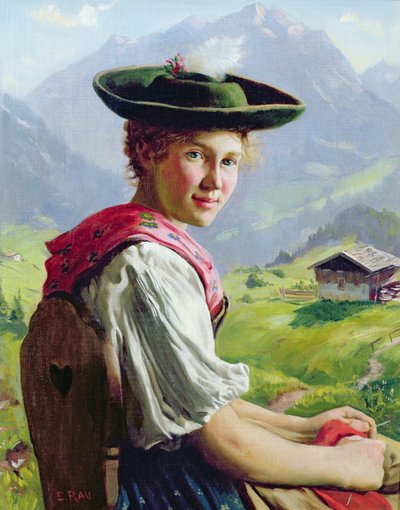 Dziewczyna w kapeluszu w górskim krajobrazie autorstwa Emil Karl Rau