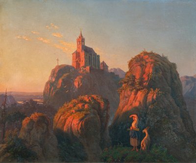 Krajobraz z kościołem wieczorem autorstwa Emil Ludwig Löhr