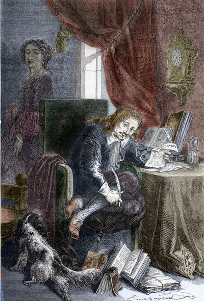 Portret francuskiego pisarza Paula Scarrona (1610-1660), autora komedii burleskowych, jest on przedstawiony na krześle dla niepełnosprawnych, jego żona Francoise d