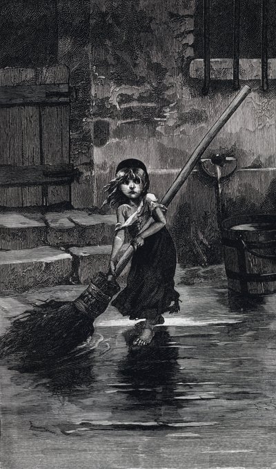 Scena z Les Miserables, autorstwa Victora Hugo: Cosette zamiatająca (rycina) autorstwa Emile Antoine (after) Bayard