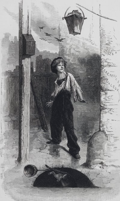 Scena z Les Miserables, autorstwa Victora Hugo: Gavroche (rycina) autorstwa Emile Antoine (after) Bayard