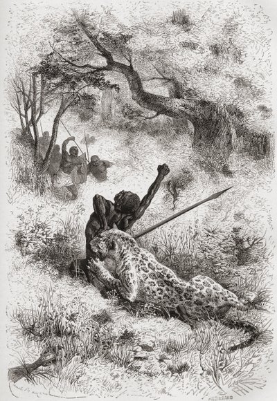Lampart atakujący Afrykanina, ilustracja ze „Świata w rękach”, sztychowana przez Henri Theophile Hildibrand (1824-97), opublikowana w 1878 r. autorstwa Emile Antoine Bayard