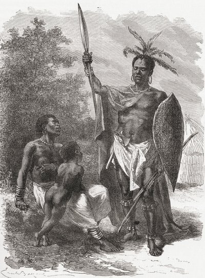 Pochodzący z Ougogo w Afryce Środkowej, w stroju wojennym, ilustracja ze „Świata w rękach”, opublikowana w 1878 r. autorstwa Emile Antoine Bayard