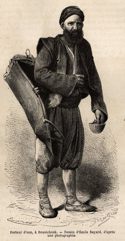 Wodniak, wędrowny kupiec pozujący ze swoim sprzętem, rodzajem zbiornika i pojemnika, którego używa jako miary i kubka, w Roustchouk (Rumunia), grawer według rysunku Emile