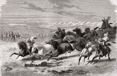 Argentyńscy gauchowie zaganiający dzikie konie, ilustracja ze „Świata w rękach”, sztychowana przez Charlesa Laplante (zm. 1903), opublikowana w 1878 r. autorstwa Emile Antoine Bayard