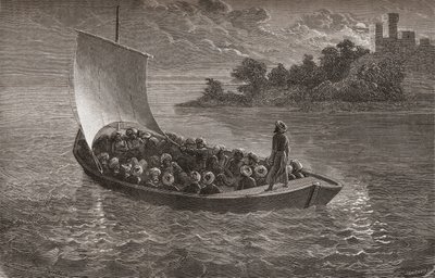 Arminio Vambery i jego towarzysze żeglujący po Morzu Kaspijskim w 1863 r., ilustracja ze „Świata w rękach”, sztychowanej przez Gaucharda, opublikowana w 1878 r. autorstwa Emile Antoine Bayard