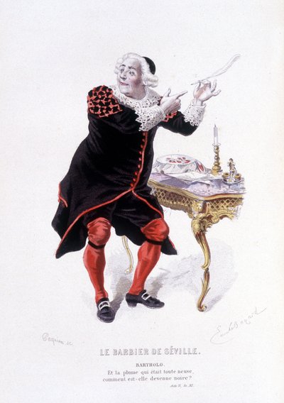 Bartholo w Cyruliku sewilskim w Ovre complet de Beaumarchais (1732-1799) Edouarda Fourniera, red. Laplace, Sanchez et Cie, Paryż 1876 (rycina) Tutaj Bartholo w Cyruliku sewilskim autorstwa Emile Antoine Bayard
