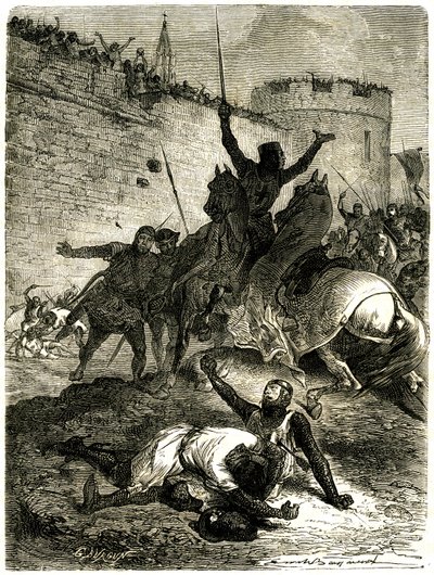 Krucjata przeciwko Albigeois - Oblężenie Tuluzy, 25 czerwca 1218. Brat Szymona de Montfort został właśnie ranny strzałą, a sam Szymon de Montfort ma zostać zabity kulą rzutów katapultą, podobno przez jedną z kobiet z Tuluzy, który jest autorstwa Emile Antoine Bayard