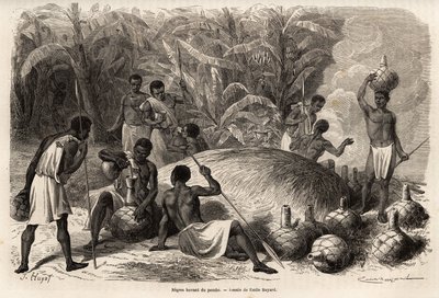 Degustacja pombe (napoju alkoholowego przez fermentację), w Karague (na zachód od Jeziora Wiktorii, w dzisiejszym Zimbabwe), rysunek Emile