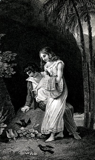 Rycina ilustrująca wydanie z końca XIX wieku powieści Jacquesa-Henri Bernardina de Saint-Pierre (Jacques Henri Bernardin de Saint-Pierre): Paul et Virginie. Ptaki lądują bez strachu w pobliżu młodej pary zakochanych w lesie. Rysunek b autorstwa Emile Antoine Bayard