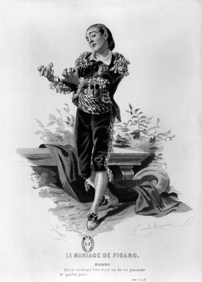 Figaro, ilustracja z aktu V Scena 3 „Wesela Figara” Pierre Augustin Caron de Beaumarchais (1732-99) rytowana przez Eugene Gervais (XIX w.) autorstwa Emile Antoine Bayard