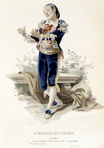 Figaro w „”Weselu Figara”” – w „”Dziełach wszystkich Beaumarchais””, rysunkach Emile Bayard, ed. Laplace Sanchez & cie, Paryż autorstwa Emile Antoine Bayard