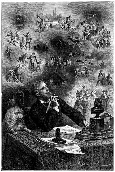 Frontispice autorstwa Emile Bayarda za wydanie Hetzel 1880 powieści Hectora Malota „„ Sans Famille ””: pisarz przy swoim stole roboczym wyobraża sobie swoich bohaterów i wątek swojej książki - Remiego i członków trupy Monsieur Vitalis, podróżującego artyst autorstwa Emile Antoine Bayard