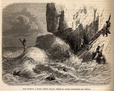 Igrzyska Hawajskie, przy przepaści Mokapuu, na wyspie Oahu, mieszkańcy rozpraszali się uprawiając swoją ulubioną grę: surfing, rycina za rysunkiem Emile Bayarda, ilustrująca podróż na Wyspy Sandwich, w latach 1855-1869, przez autorstwa Emile Antoine Bayard