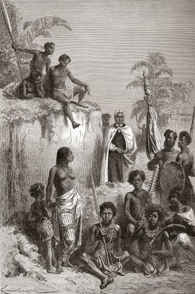 Hawajski król Kamehameha I i jego wojownicy, ilustracja z „Świata w rękach”, opublikowana w 1878 r. (rycina) autorstwa Emile Antoine Bayard
