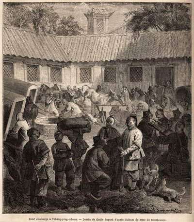 Dziedziniec hostelu w Chiang Ping Cheou. Rysunek Emila Bayarda (1837-1891), ilustrujący podróż Szanghaju do Moskwy w latach 1859-1862, autorstwa M. de Bourboulon, ministra Francji do Chin. Grawerowanie w „”Le tour du monde””, pod redakcją Edouarda Chartona autorstwa Emile Antoine Bayard