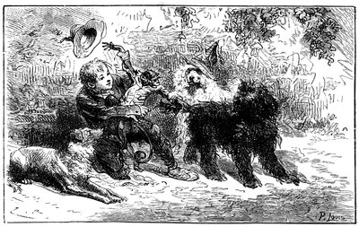 Ilustracja autorstwa Emile Bayard do powieści Hectora Malota "Sans Famille": Remi bawi się ze swoimi przyjaciółmi, uczonymi zwierzętami z trupy Monsieur Vitalisa, wędrownym artystą - Joli-Coeur (piękne serce), małpką i trzema psami Capi, Zerbino i Dol. autorstwa Emile Antoine Bayard