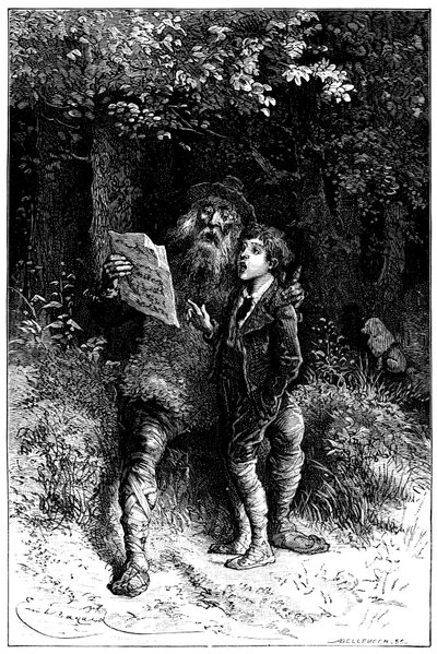 Ilustracja autorstwa Emile Bayard do powieści Hectora Malota "Sans Famille": Remi śpiewa z Monsieur Vitalisem, wędrownym artystą - muzykiem ulicznym, saltimbank - Edition Hetzel 1880 -. autorstwa Emile Antoine Bayard