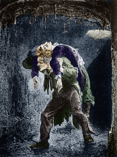 Jean Valjean, Marius ranny na plecach, uciekający w wodach Paryża Ilustracja do powieści „Nędznicy” autorstwa Victora Hugo (1802-1885) Ilustracja Emile Bayard - (Jean Valjean niesie Mariusa na plecach kanałami Paryż) Grawerowanie Pr autorstwa Emile Antoine Bayard