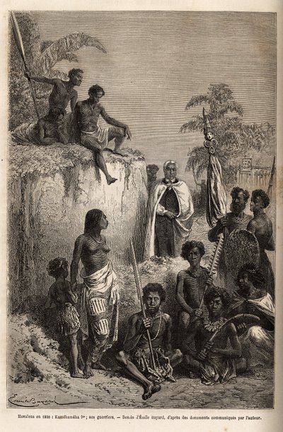 Kamehameha I (ok. 1758-1819), król Wysp Hawajskich i założyciel ich jednostki, otoczył hawajskich wojowników i niektórych poddanych w Honolulu, rycina wg rysunku Emila Bayarda, ilustrująca wyprawę na Wyspy Sandwich, w latach 1855-69 , przez C autorstwa Emile Antoine Bayard