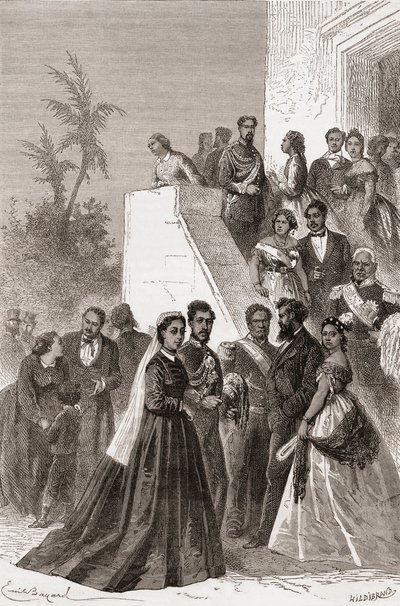 Kamehameha V, centrum, wraz z rodziną, ilustracja ze „Świata w rękach”, rycina Henri Theophile Hildibrand (1824-97), wydana 1878 autorstwa Emile Antoine Bayard