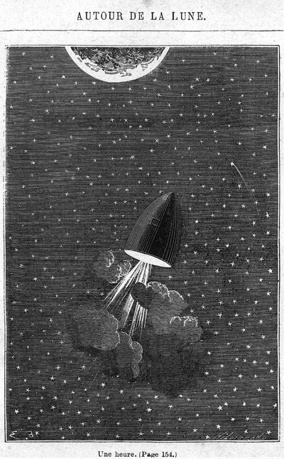 Leaving for the Moon, ilustracja z "Around the Moon" Jules Verne (1828-1905) Paryż, Hetzel, rycina Henri Theophile Hildibrand (1824-97) autorstwa Emile Antoine Bayard