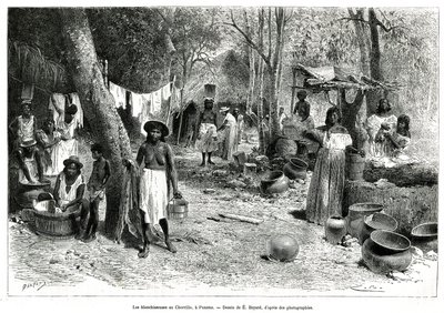 Les blanchisseuses au Chorillo, Panama, rycina wg rysunku E.Bayarda, dla zilustrowania opowiadania Eksploracja przesmyków Panamy i Darien przez A. Reclusa, porucznika statku, 1876-1878, opublikowana w tour du monde, pod kierownictwem autorstwa Emile Antoine Bayard