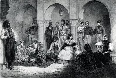 Panna Tinne z personelem domu, Algier, ilustracja z "Le Tour du Monde", 1871 r. autorstwa Emile Antoine Bayard