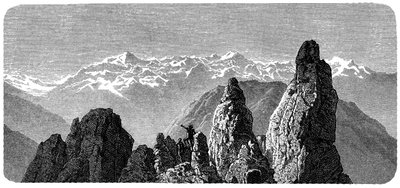 Szczyt górski o nazwie Pierre a Voir w pobliżu łaźni saskich w Wallis w Alpach Szwajcarskich. Ilustracja Emile Bayarda do książki Alberta Dupaigne „Les Montagnes”, wydanie Mame 1881. autorstwa Emile Antoine Bayard