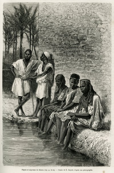 Murzyni i Murzyni z Sahary, nad brzegami rzeki Oued Rihr. Grawerowanie E.Bayarda, dla zilustrowania algierskiej Sahary, autorstwa V.Largeau, w latach 1874-1878, opublikowane w Tour du monde, pod kierunkiem Edouarda Chartona (1807-1890) autorstwa Emile Antoine Bayard