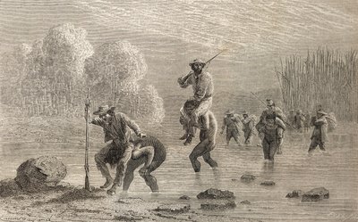 Paul Marcoy i jego ekspedycja przenoszeni przez bagna w Argentynie przez indian Chuncho w 1874 r., ilustracja ze „Świata w rękach”, opublikowana w 1878 r. autorstwa Emile Antoine Bayard
