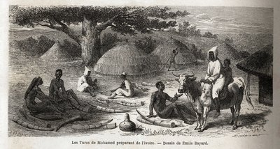 Przygotowanie kości słoniowej dla tureckiego kupca, Uganda, rysunek Emile Bayard (1837-1891), ilustrujący podróż odkrywczą kapitana Speke w Afryce w latach 1860-1863. Grawer w „”Le tour du monde””, pod redakcją Edouarda Chartona autorstwa Emile Antoine Bayard