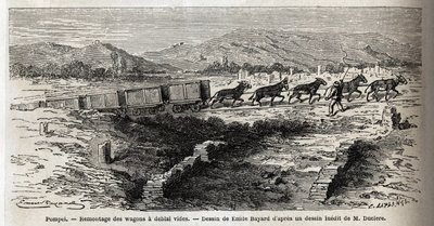 Ponowny montaż pustych wagonów podczas wykopalisk w 1864 r. w Pompejach, rys. Emile Bayard (1837-1891), dla zilustrowania tekstu Marca Monniera (1829-1885) „Pompeje i Pompejanie”. Grawerowanie w „”Le tour du monde””, pod redakcją Edouarda Chartona autorstwa Emile Antoine Bayard