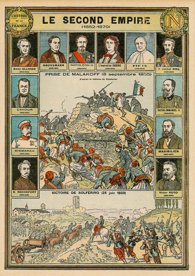 Drugie Cesarstwo 1852-1870 - zdobycie Malakoff 8 września 1855 - zwycięstwo Solferino 24 czerwca 1859 - Emile Ollivier, Baron Haussmann, Napoleon III, Cesarz Eugenia, papież Pius IX, marszałek Niel, Victor Emmanuel (Vittorio Emanuel) (Vittorio Emanuel) II  autorstwa Emile Antoine Bayard