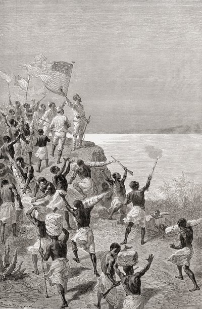 Stanley i jego pierwsza obserwacja Tanganiki w Afryce Wschodniej w 1872 r., ilustracja ze „Świata w dłoniach”, opublikowana w 1878 r. autorstwa Emile Antoine Bayard