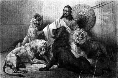 Cesarz (ras) Theodoros z Abisynii w otoczeniu swoich lwów. rycina z połowy XIX wieku. Ilustracja autorstwa Emile