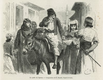 The Leproux Quest in Chio, rysunek Emile Bayard, aby zilustrować historię „Wyspa Chio” (wschodnia Turcja), w 1877 r., autorstwa dr A.Testevuide. Grawerowanie w Le tour du monde autorstwa Emile Antoine Bayard