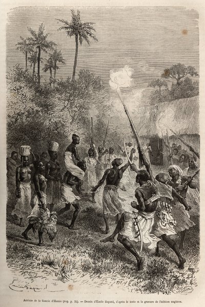 Przybycie narzeczonej Hamisa do wioski Hara (Zambia), kalifourchon na ramieniu mężczyzny, w towarzystwie tuzina wyznawców niosących na głowie mały koszyk z prowiantem, wyryty według rysunku Emile
