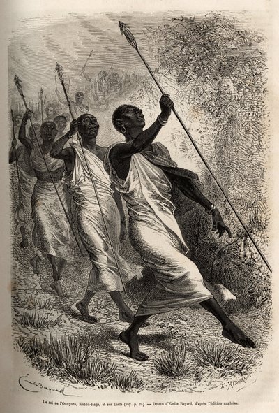 Przybycie Kabba Rega, króla Ounyoro (wschodni Sudan) i wodzów jego dworu, do obozu Sir Bakera z oficjalną wizytą, wyryte według rysunku Emile