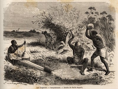 Kowale, w ounyamouezi (region Wielkich Jezior, Afryka), rysunek Emile Bayard (1837-1891), ilustrujący podróż odkrywczą w Afryce, od 1860 do 1863 kapitana Speke. Grawerowanie w „”Le tour du monde””, pod redakcją Edouarda Chartona autorstwa Emile Antoine Bayard