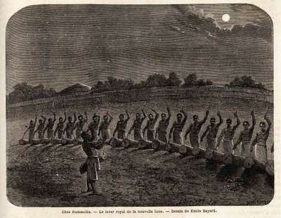 Ceremonia wstawienia bębnów na wschody księżyca na czele plemienia Rumanika w Karague (na zachód od Jeziora Wiktorii, w dzisiejszym Zimbabwe), rysunek Emile Bayard (1837-1891), ilustrujący podróż kapitana Speke odkrycia w Afryce od 186 autorstwa Emile Antoine Bayard