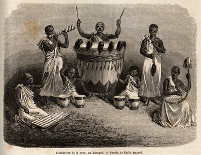 Orkiestra dworska w Karague (na zachód od Jeziora Wiktorii, dzisiejsze Zimbabwe), rysunek Emile