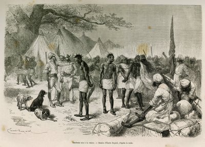 Bezczelni przewoźnicy ekspedycji wciągnięci do łańcucha, rys. Emile Bayard, aby zilustrować tę historię: Przez Afrykę, od Zanzibaru (Tanzania) do Bengueli (Angola), od 1872 do 1876, przez porucznika V.H.Camerona. Grawerowanie w Le tour du monde autorstwa Emile Antoine Bayard