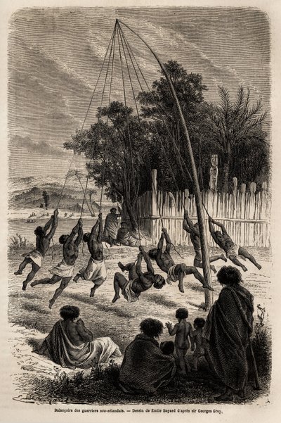 Huśtawka neozelandzkich wojowników na przesmyku Auckland, rysunek Emile Bayard (1837-1891), ilustrujący podróż Ferdinanda de Hochstettera do Nowej Zelandii w latach 1858-1860. Grawer w „”Le tour du monde””, pod redakcją Edouard Charton autorstwa Emile Antoine Bayard