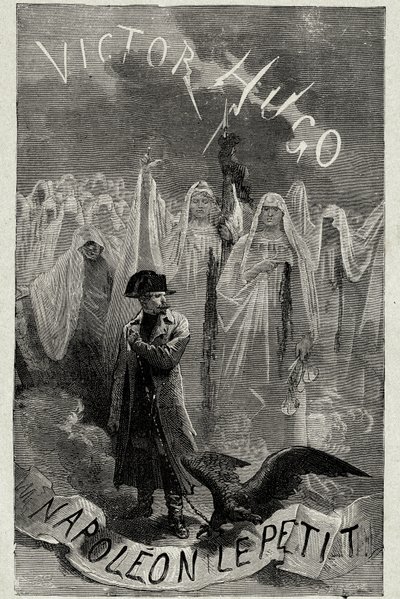 Strona tytułowa książki Victora Hugo „Napoleon Mały””” (Napoleon 3 trzymający łańcuszek z orłem). Grawerowanie: Emile Bayard. autorstwa Emile Antoine Bayard